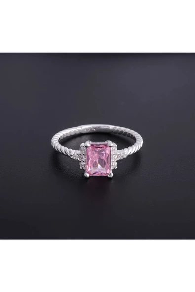 Açık Pembe Renkli Burgulu Tek Taş Modeli Yüzük 925 Ayar Gümüş ürün görseli