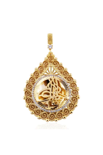 Zirkon Taşlı Damla Modeli Tuğralı 6.5 cm Bijuteri Kolye Ucu 22 Ayar Altın Kaplama - Resim 2