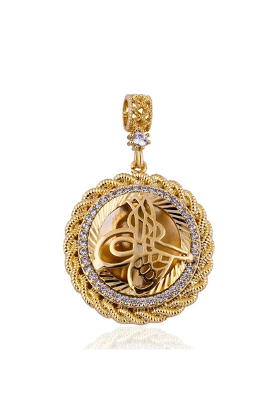 Tuğralı Burgu Zirkon Taşlı Bijuteri Kolye Ucu 22 Ayar Altın Kaplama - Resim 2