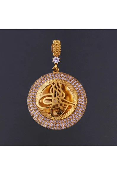 Tuğralı Üç Sıra Zirkon Taşlı Bijuteri Kolye Ucu 22 Ayar Altın Kaplama ürün görseli