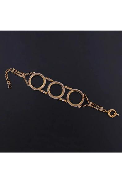 Zirkon Taşlı Üçlü Çeyreklik Zincir1 Bileklik 22 Ayar Altın Kaplama - Resim 2