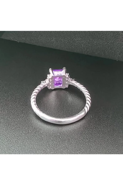 Mor Renkli Burgulu Tek Taş Modeli Yüzük 925 Ayar Gümüş - Resim 2