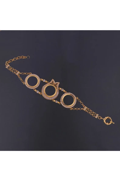 Zirkon Taşlı Üçlü Çeyreklik Zincir7 Bileklik 22 Ayar Altın Kaplama - Resim 2