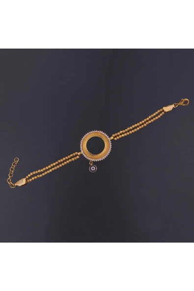 Zirkon Taşlı Çeyreklik Dorika Çift Zincir4 Bileklik 22 Ayar Altın Kaplama - Resim 2