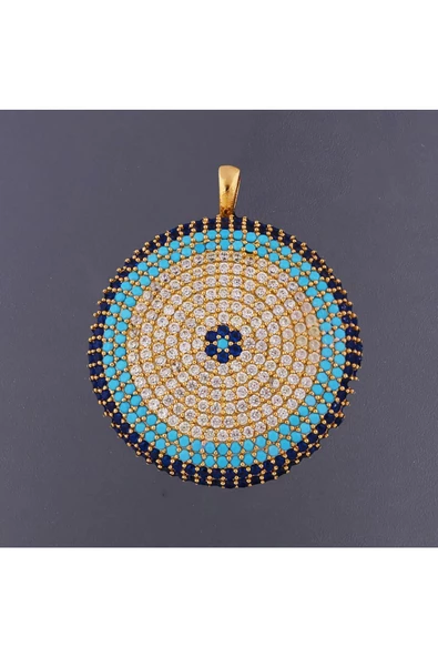 Üç Renk Zirkon Taşlı Nazar Boncuğu Bijuteri Kolye Ucu 22 Ayar Altın Kaplama - Resim 2