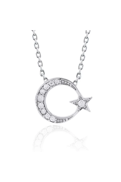 Zirkon Taşlı Ay Yıldız Modeli Zincirli Kolye Ucu 925 Ayar Gümüş ürün görseli