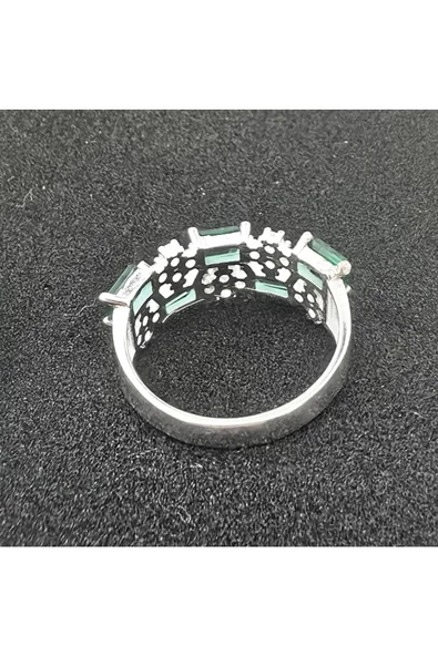 Yeşil Ve Beyaz Renkli Baget Taşlı Yüzük 925 Ayar Gümüş - Resim 3