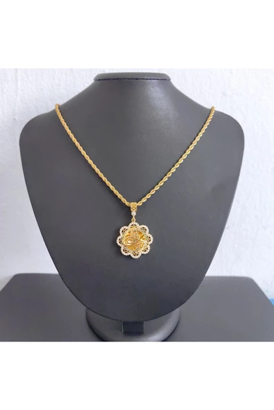 Çiçek Motifli Zirkon Taşlı Tuğralı Bijuteri Kolye Ucu 22 Ayar Altın Kaplama - Resim 3