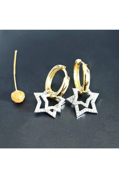 Zirkon Taşlı İki Yıldızlı Altın ve Gümüş Çift Renk Kaplama Bijuteri Küpe ürün görseli