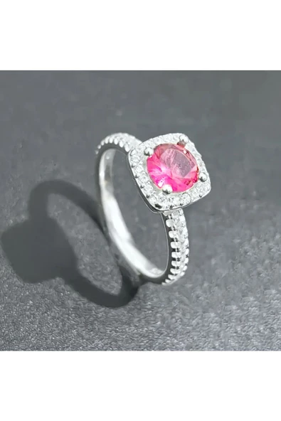 Koyu Pembe Renkli Yuvarlak Tek Taş Yüzük 925 Ayar Gümüş - 2