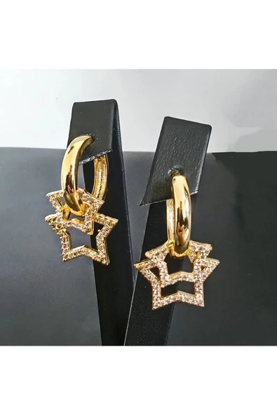 Zirkon Taşlı İki Yıldızlı Altın Kaplama Bijuteri Küpe ürün görseli