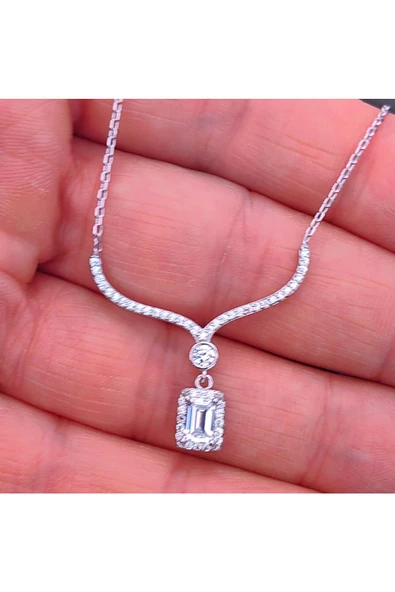 Zirkon Baget Taşlı Suyolu Modeli Zincirli Kolye Ucu 925 Ayar Gümüş - Resim 3