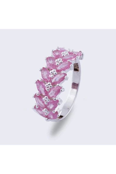 Açık Pembe Renkli Zirkon Taşlı Yaprak Modeli Yüzük 925 Ayar Gümüş ürün görseli