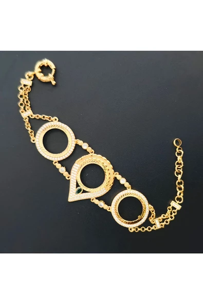 Zirkon Taşlı Üçlü Çeyreklik Zincir11 Bileklik 22 Ayar Altın Kaplama - Resim 2