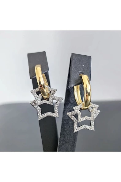 Zirkon Taşlı İki Yıldızlı Altın ve Gümüş Çift Renk Kaplama Bijuteri Küpe - Resim 2