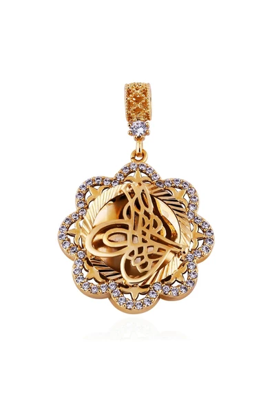 Çiçek Motifli Zirkon Taşlı Tuğralı Bijuteri Kolye Ucu 22 Ayar Altın Kaplama ürün görseli