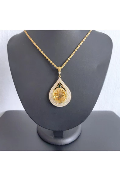 Zirkon Taşlı Damla Tuğralı 6.5 cm Bijuteri Kolye Ucu 22 Ayar Altın Kaplama - Resim 3