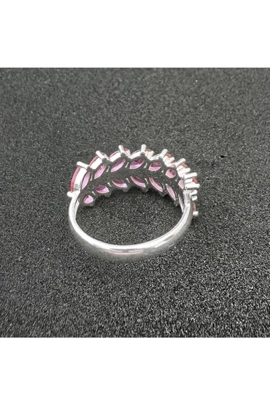 Koyu Pembe Renkli Zirkon Taşlı Yaprak Modeli Yüzük 925 Ayar Gümüş - 3