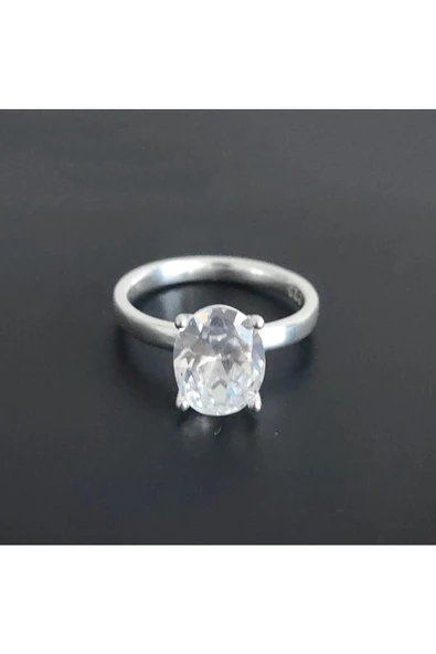 Elips Tek Taşlı Yüzük 925 Ayar Gümüş - 2