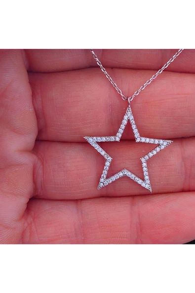 Zirkon Taşlı Içi Boş Yıldız Modeli Zincirli Kolye Ucu 925 Ayar Gümüş - Resim 3