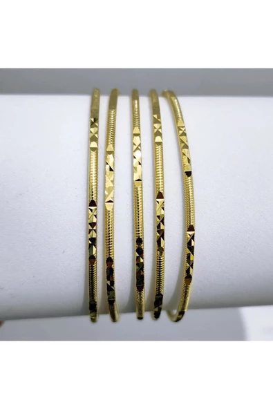5 Adet 22 Ayar Altın Kaplama Kalem Işlemeli Bijuteri Bilezik - Resim 3
