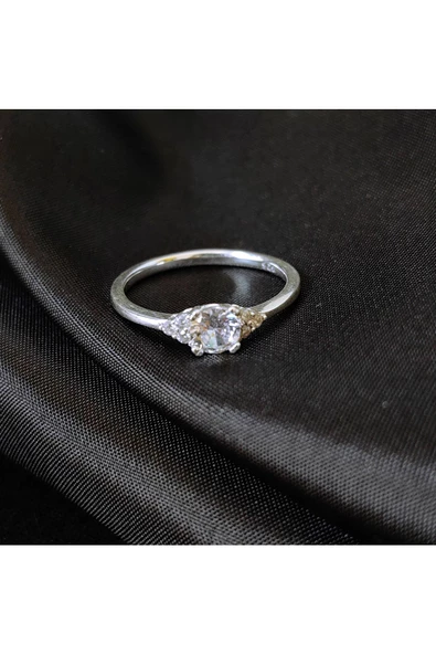 Yuvarlak Ince Tek Taş Yüzük 925 Ayar Gümüş - 3