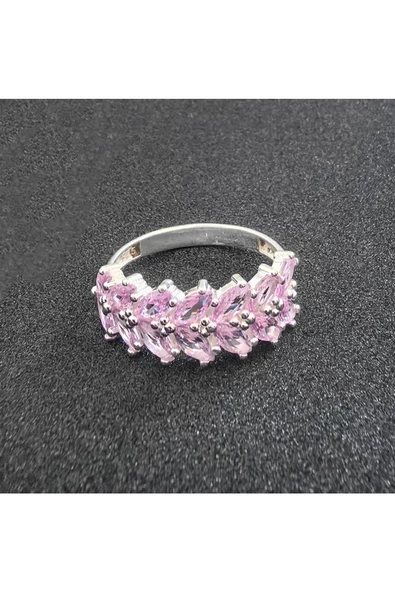 Açık Pembe Renkli Zirkon Taşlı Yaprak Modeli Yüzük 925 Ayar Gümüş - Resim 4