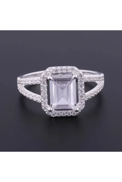 Tek Baget Taşlı Çift Kollu Model Yüzük 925 Ayar Gümüş - Resim 2