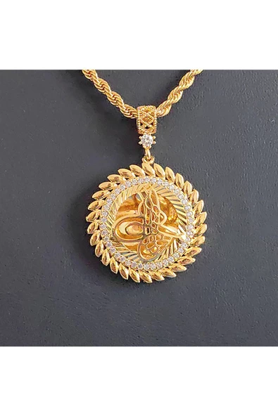 Zirkon Taşlı Tuğralı Yaprak Model Bijuteri Kolye Ucu 22 Ayar Altın Kaplama ürün görseli