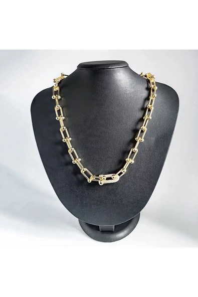 Kalın Zincir Zirkon Taşlı Altın Kaplama Bijuteri Kolye2 ürün görseli