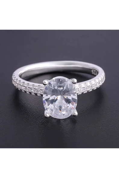 Elips Tek Taşlı Frapan Yüzük 925 Ayar Gümüş - Resim 2