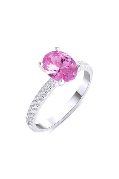 Elips Tek Taşlı Açık Pembe Renk Frapan Yüzük 925 Ayar Gümüş ürün görseli