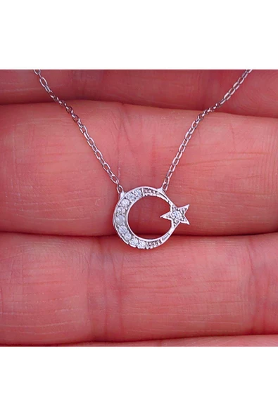 Zirkon Taşlı Ay Yıldız Modeli Zincirli Kolye Ucu 925 Ayar Gümüş - Resim 3