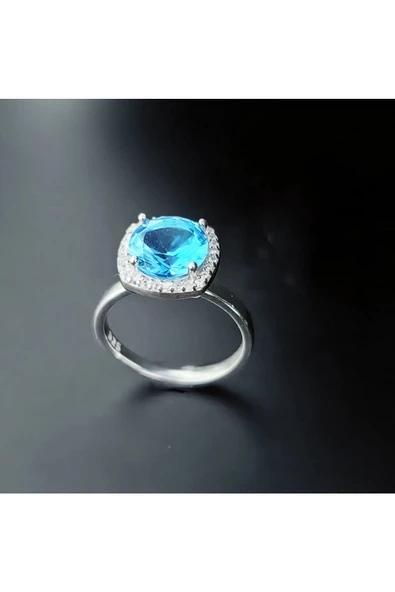 Yuvarlak Tek Taşlı Mavi Renkli Frapan Yüzük 925 Ayar Gümüş - 2