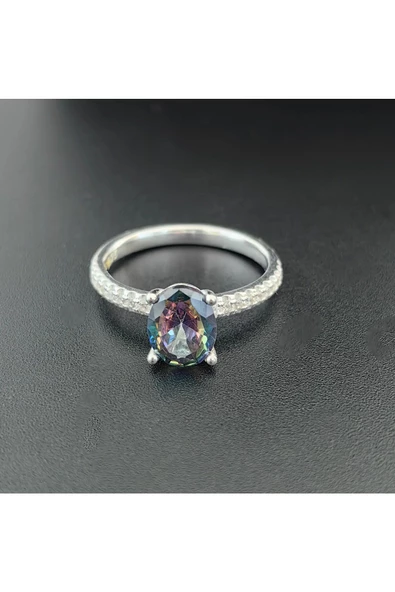 Elips Tek Mistik Taşlı Frapan Yüzük 925 Ayar Gümüş - Resim 2