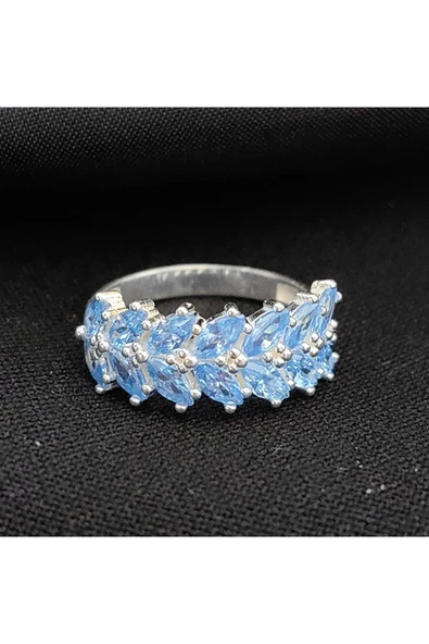Mavi Renkli Zirkon Taşlı Yaprak Modeli Yüzük 925 Ayar Gümüş