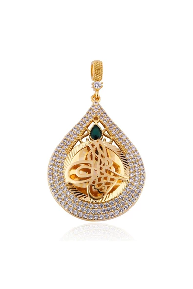 Zirkon Taşlı Damla Tuğralı 6.5 cm Bijuteri Kolye Ucu 22 Ayar Altın Kaplama - Resim 2