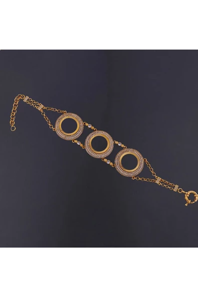 Zirkon Taşlı Üçlü Çeyreklik Zincir4 Bileklik 22 Ayar Altın Kaplama - 2