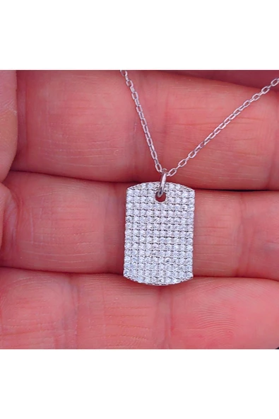 Zirkon Taşlı Askeri Künye Modeli Zincirli Kolye Ucu 925 Ayar Gümüş - Resim 3