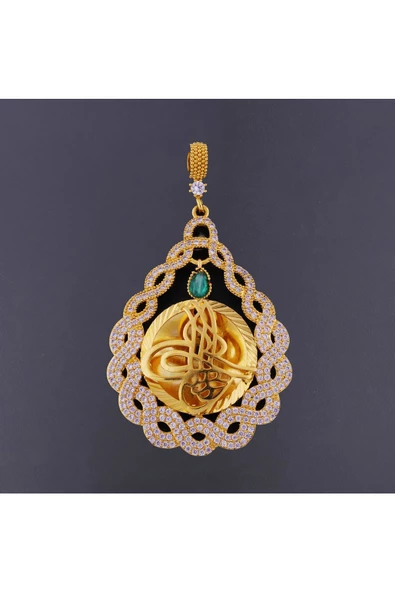 Zirkon Taşlı Damla Tuğralı Modeli 6.5 cm Bijuteri Kolye Ucu 22 Ayar Altın Kaplama