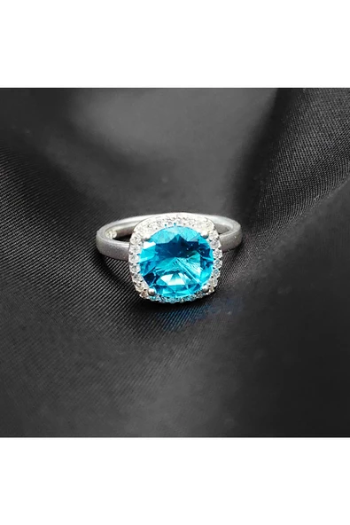 Yuvarlak Tek Taşlı Mavi Renkli Frapan Yüzük 925 Ayar Gümüş - 5