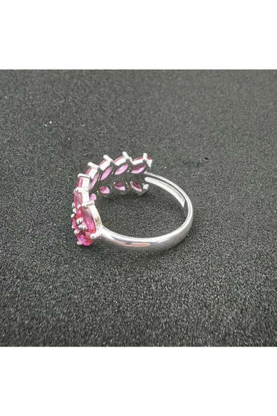 Koyu Pembe Renkli Zirkon Taşlı Yaprak Modeli Yüzük 925 Ayar Gümüş - 2