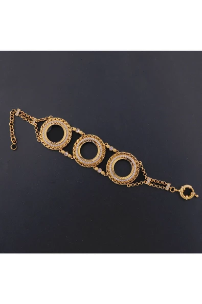 Zirkon Taşlı Üçlü Çeyreklik Zincir2 Bileklik 22 Ayar Altın Kaplama - 2