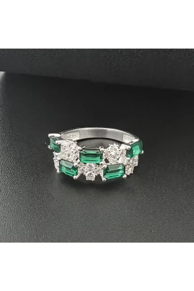 Yeşil Ve Beyaz Renkli Baget Taşlı Yüzük 925 Ayar Gümüş - Resim 2