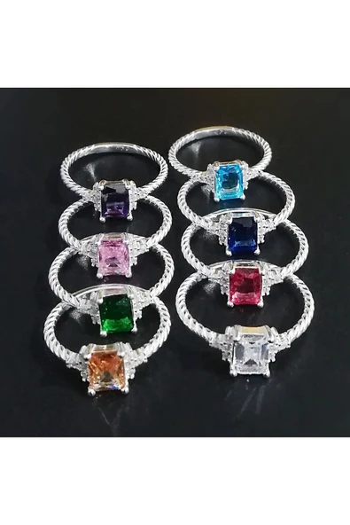 Burgulu Tek Taş Modeli Renkli Yüzük 925 Ayar Gümüş - Resim 3