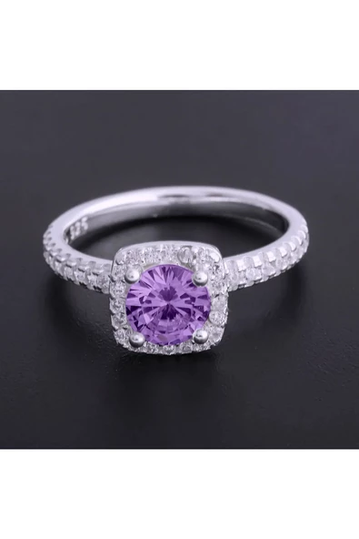 Eflatun Renkli Yuvarlak Tek Taş Yüzük 925 Ayar Gümüş ürün görseli