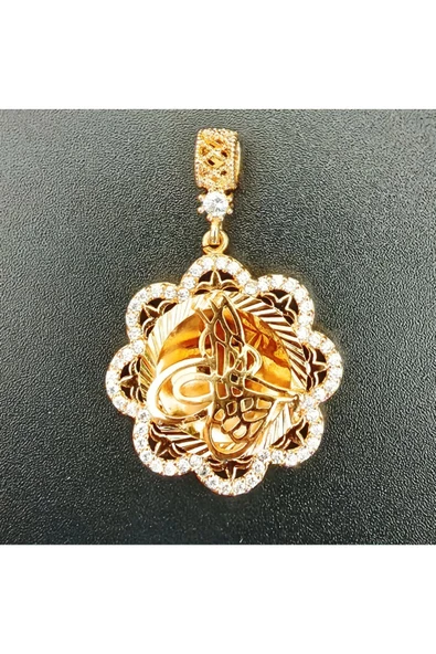 Çiçek Motifli Zirkon Taşlı Tuğralı Bijuteri Kolye Ucu 22 Ayar Altın Kaplama - Resim 2