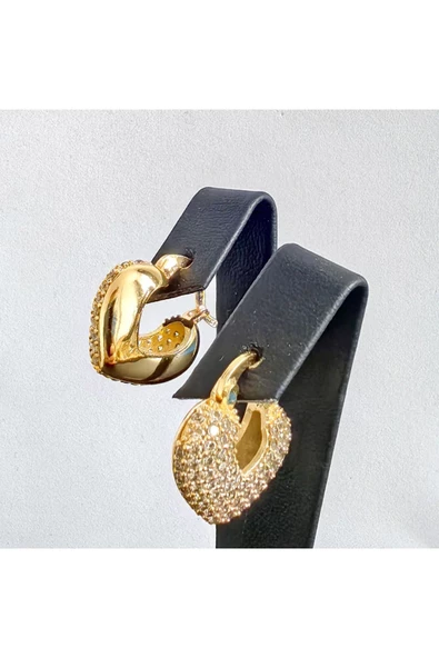 Zirkon Taşlı Kalp Modeli Altın Kaplama Bijuteri Küpe - Resim 2