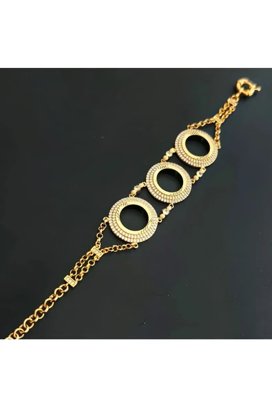Zirkon Taşlı Üçlü Çeyreklik Zincir10 Bileklik 22 Ayar Altın Kaplama - 2