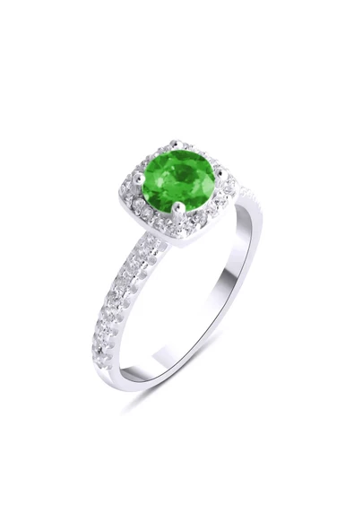 Yeşil Renkli Yuvarlak Tek Taş Yüzük 925 Ayar Gümüş